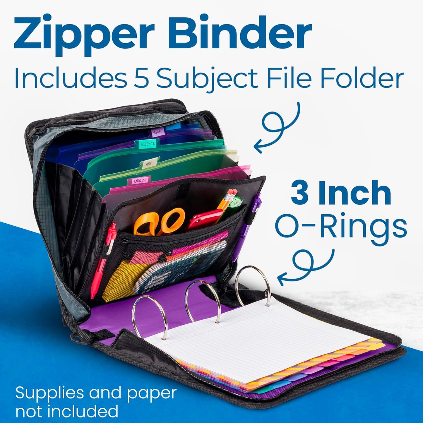 Large Zippered 3-Ring Binder, 3" Capacity, Assorted Colors