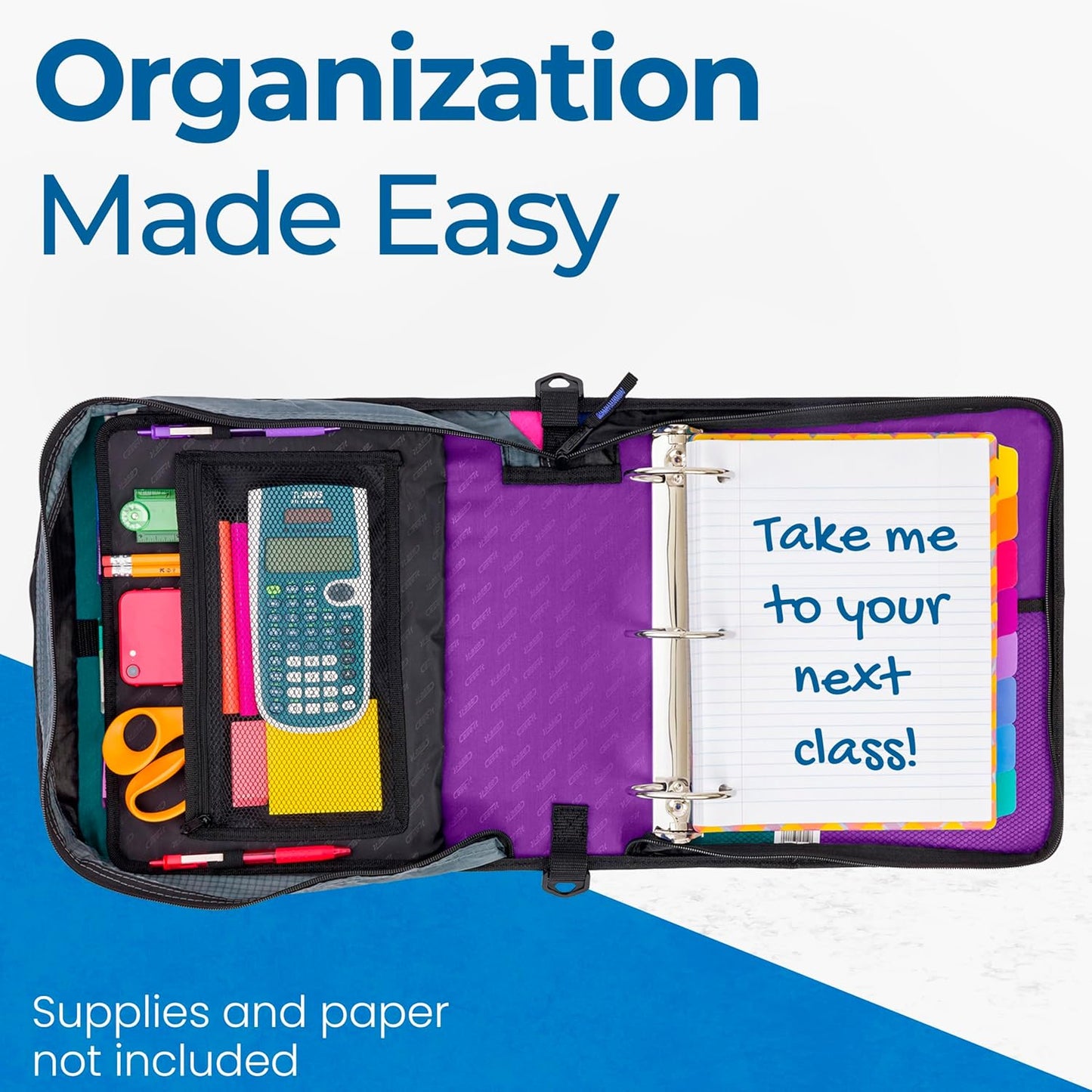 Large Zippered 3-Ring Binder, 3" Capacity, Assorted Colors